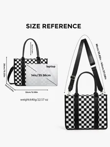 Detailed size guide showing dimensions for the checkerboard PU tote bag with laptop capacity