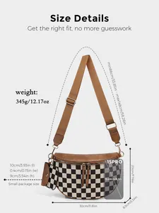 Checkboard half moon crossbody bag size chart and smartphone capacity comparison