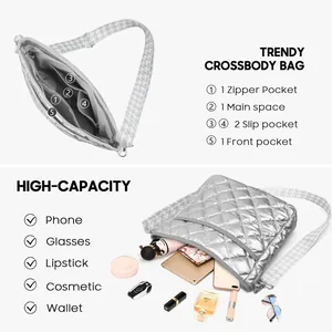 Detailed view of silver quilted crossbody bag interior layout and spacious storage capacity