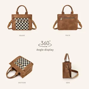 Women's brown PU leather crossbody tote bag with checkerboard pattern multi-angle view