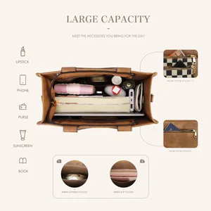 Brown PU leather tote bag with large capacity and multi-zipper pocket storage