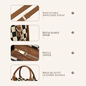 Checkered shoulder bag featuring adjustable strap and leather handle with metal accents
