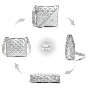 360-degree rotation view of silver quilted nylon crossbody bag showing multiple angles