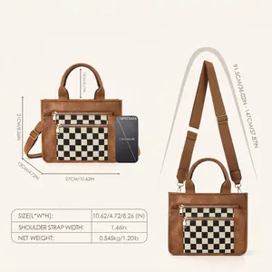 Brown PU leather shoulder bag size guide showing dimensions with adjustable strap