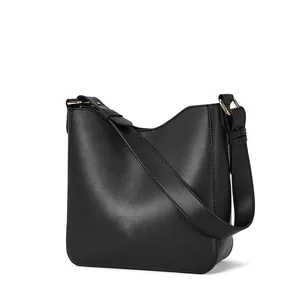 Women Minimalist PU Leather Shoulder Bag Solid Color Lychee Texture Crossbody Bucket Bag With Adjustable Strap Gold Hardware