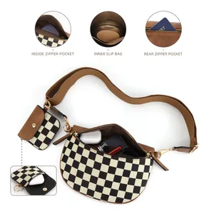 Checkerboard crossbody chest bag with adjustable strap and small earphone pouch