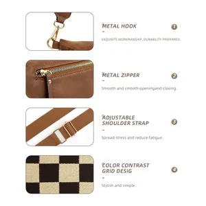 Classic checkered brown leather chest bag with golden hardware and adjustable strap