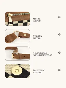 Détails des fermetures éclair dorées, des boucles réglables et du motif à damier classique