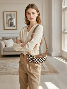 Détail du sac bandoulière à damier avec sangle réglable en cuir et zip doré
