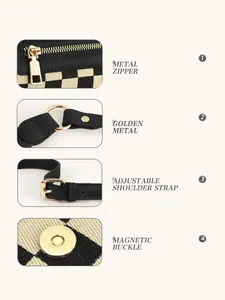Détails de fermeture éclair en métal, dorure et bandoulière de sac en damier
