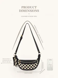 Tableau des tailles du sac banane à damier avec dimensions du sac principal et pochette