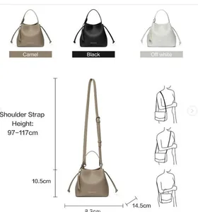 Size chart showing dimensions and colors for the mini PU leather bucket handbag