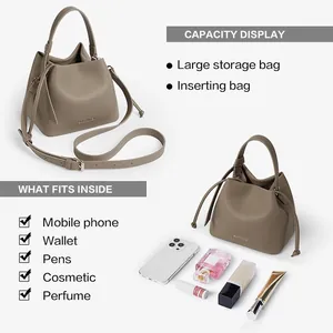 Litchi pattern bucket bag capacity display showing phone, perfume and cosmetics inside