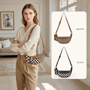 Sac Banane Vintage en Toile et Cuir PU à Damier Bandoulière Réglable Sac de Poitrine à la Mode Avec Petite Pochette Assortie pour Femmes Quotidien