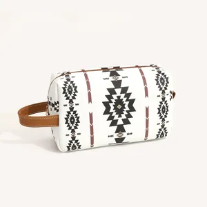 Detail view of Bohemian waterproof PU leather toiletry bag with ethnic geometric pattern