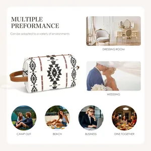 Collage of Bohemian waterproof cosmetic bag used in travel, beach, and office scenes