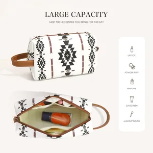 Detailed view of large capacity bohemian PU leather makeup bag with inner compartments