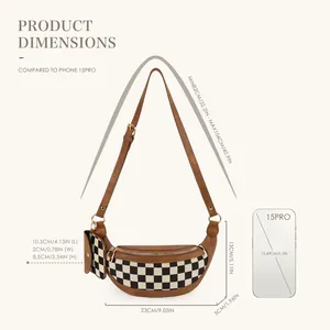 Sac bandoulière à damier avec garniture en cuir marron et bandoulière réglable
