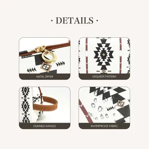 Detail view of Aztec pattern makeup bag with metal zipper and waterproof fabric
