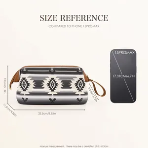 Detailed size chart of bohemian cosmetic bag showing dimensions and phone size comparison
