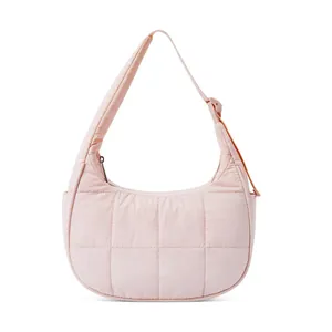 Light pink quilted nylon underarm bag with adjustable strap and semi-circular design