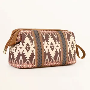 Detail of bohemian waterproof cosmetic bag with geometric prints and brown PU trim
