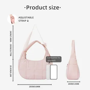 Pink quilted puffer nylon crescent shoulder bag size guide with adjustable strap