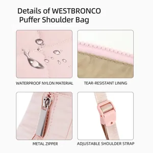 Pink quilted puffer nylon shoulder bag featuring waterproof fabric and adjustable strap