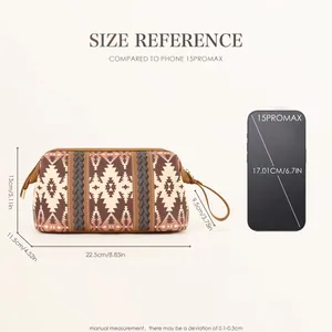 Bohemian cosmetic bag size guide showing dimensions compared to a smartphone