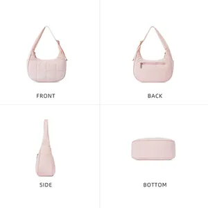 Detailed views of light pink quilted nylon hobo bag from front, back, side and bottom