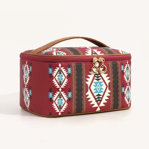 Detailansicht der böhmischen wasserdichten PU-Leder-Kulturtasche mit geometrischem Druck
