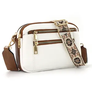 Women Fashion Multi Zipper Crossbody Bag With Ethnic Style Wide Strap Premium PU Leather Small Square Camera Bag For Daily Travel