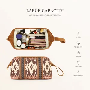 Detailed view of large capacity makeup bag with inner pockets and bohemian pattern