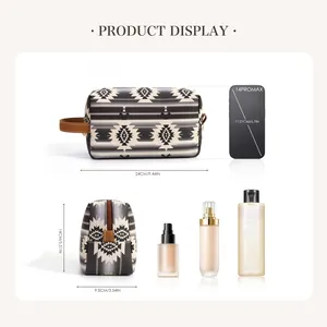 Bohemian Aztec pattern PU leather waterproof makeup bag with handle and metal zipper