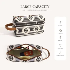Bohemian PU leather waterproof toiletry bag with ethnic geometric pattern and large capacity