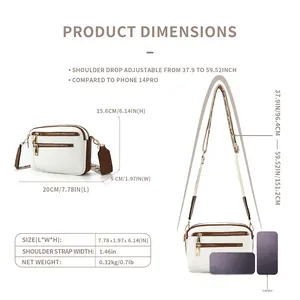 Detailed size chart for crossbody bag showing 7.78x6.14 inch dimensions and phone comparison
