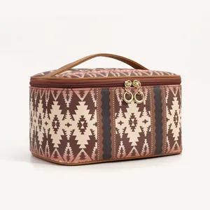 Detailansicht der PU-Leder Kosmetiktasche mit aztekischem Muster und goldenem Reißverschluss