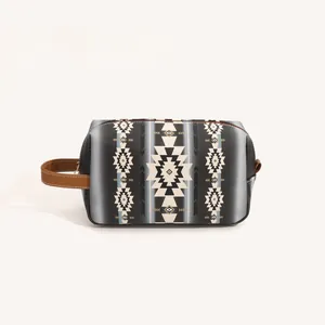 Detail of bohemian PU leather waterproof toiletry bag with ethnic geometric pattern