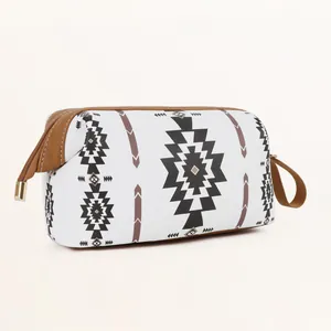 Detail view of ethnic geometric pattern toiletry bag with leather trim and fabric handle