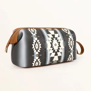 Detail view of ethnic geometric pattern toiletry bag with waterproof coating and handle