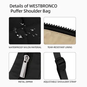 Detail of waterproof black nylon puffer bag with silver metal zipper and stitching