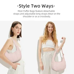 Detail of light pink puffer bag showing adjustable straps and various carrying styles
