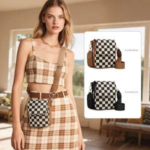 Close-up of checkerboard mini crossbody bag details in brown and black plaid patterns