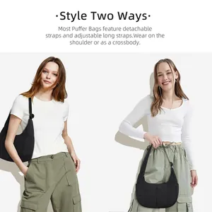 Quilted nylon puffer bag with detachable and adjustable straps for versatile styling