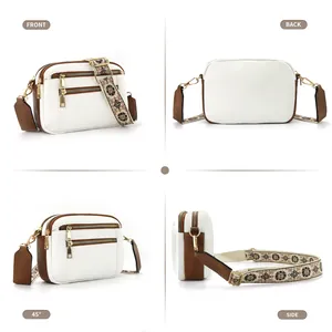Front, back and side views of white PU leather crossbody camera bag with floral wide strap