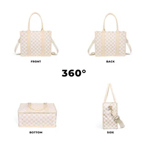 Multi-angle view of checkered tote bag showing front, back, side and bottom views