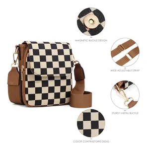 Mini checkered crossbody phone bag with adjustable wide strap and magnetic closure