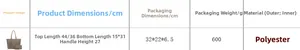 Tableau des tailles montrant les dimensions du sac cabas à damier et de la pochette