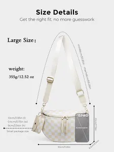 Size chart detail for checkered crossbody bag showing dimensions and adjustable strap length