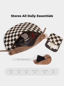 Nylon checkerboard crossbody bag showing interior storage for phone and essentials